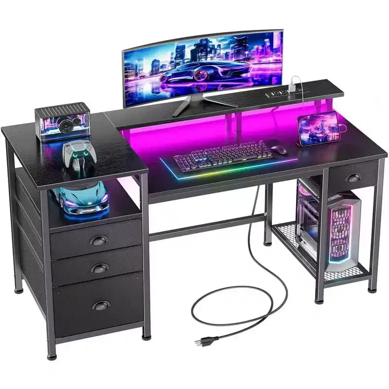 Qwatto 52in Gaming Desk Charging Station and Light Reversible Computer Desk 4 Drawers File Cabinet Printer Storage Shelves Monitor Stand Black Finish