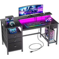 Qwatto 52in Gaming Desk Charging Station and Light Reversible Computer Desk 4 Drawers File Cabinet Printer Storage Shelves Monitor Stand Black Finish