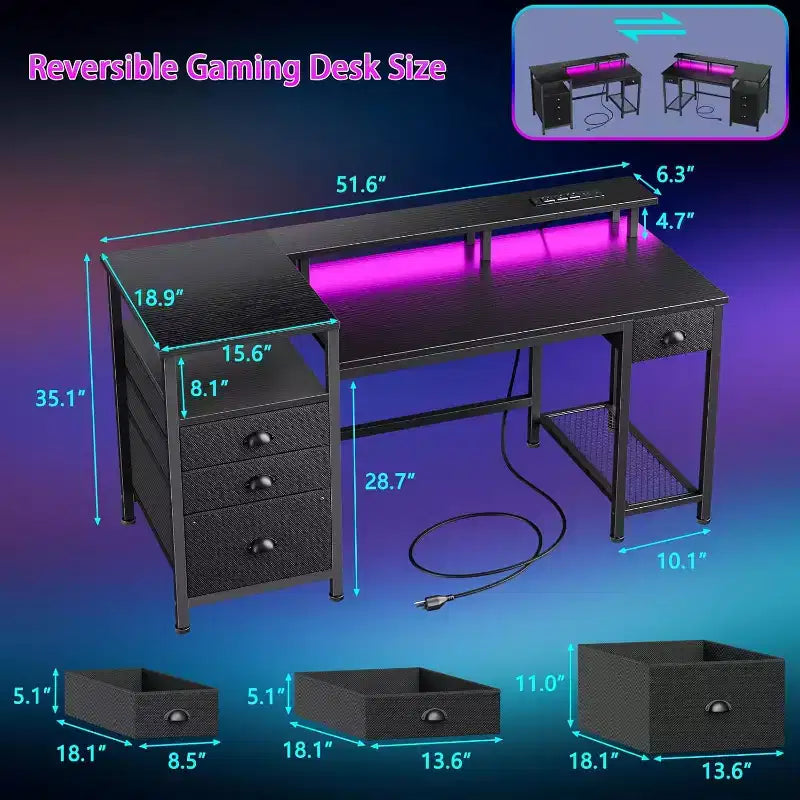 Qwatto Bureau de jeu 132 cm avec station de charge et éclairage, bureau d'ordinateur réversible, 4 tiroirs, meuble de rangement pour dossiers, étagères de rangement pour imprimante, support d'écran, finition noire