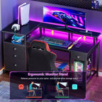 Qwatto Scrivania da Gaming 52 pollici con Stazione di Ricarica e Luce Scrivania Reversibile per Computer 4 Cassetti Armadietto Portadocumenti Scaffali Porta Stampante Supporto per Monitor Finitura Nera