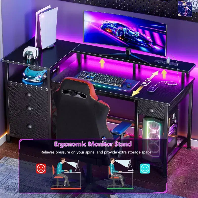 Qwatto Bureau de jeu 132 cm avec station de charge et éclairage, bureau d'ordinateur réversible, 4 tiroirs, meuble de rangement pour dossiers, étagères de rangement pour imprimante, support d'écran, finition noire