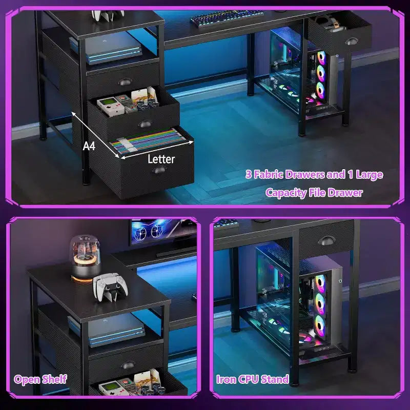 Qwatto Bureau de jeu 132 cm avec station de charge et éclairage, bureau d'ordinateur réversible, 4 tiroirs, meuble de rangement pour dossiers, étagères de rangement pour imprimante, support d'écran, finition noire
