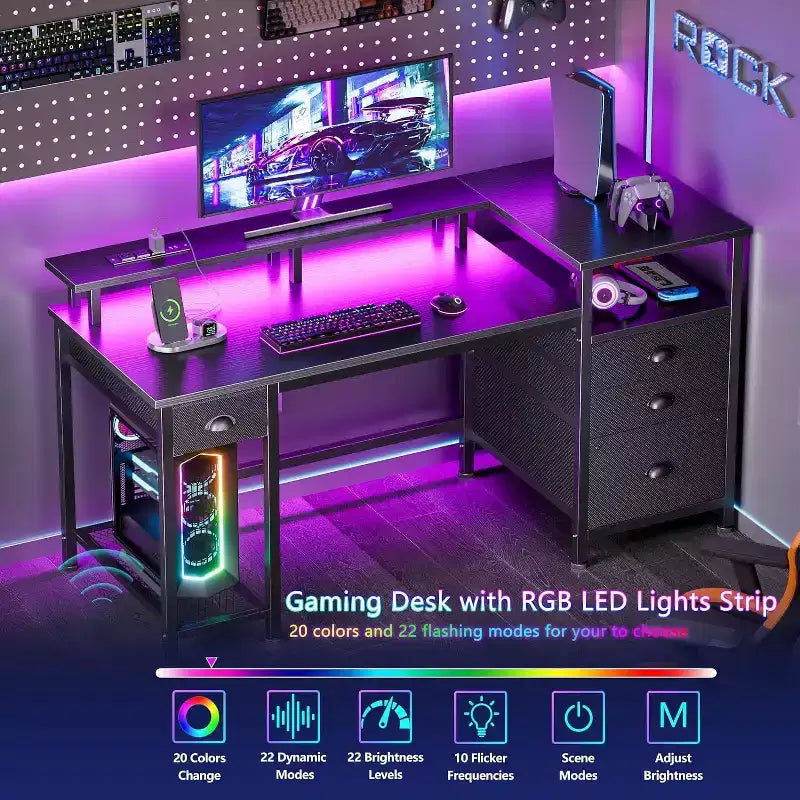 Qwatto Scrivania da Gaming 52 pollici con Stazione di Ricarica e Luce Scrivania Reversibile per Computer 4 Cassetti Armadietto Portadocumenti Scaffali Porta Stampante Supporto per Monitor Finitura Nera