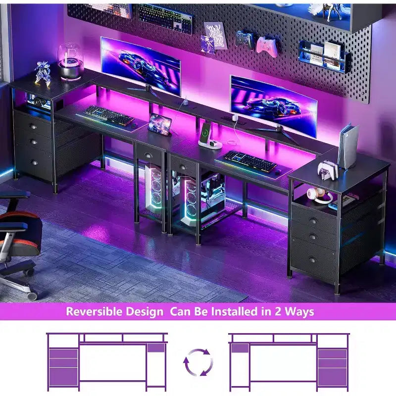 Qwatto Scrivania da Gaming 52 pollici con Stazione di Ricarica e Luce Scrivania Reversibile per Computer 4 Cassetti Armadietto Portadocumenti Scaffali Porta Stampante Supporto per Monitor Finitura Nera