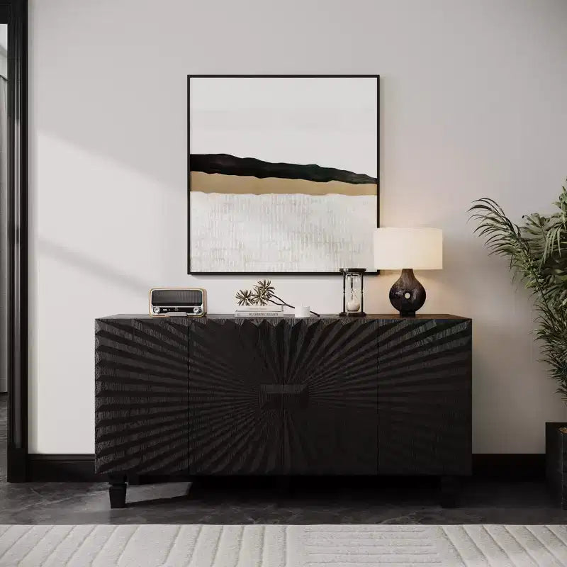 GDFStudio Makena Mobile Buffet Moderno da 59 con 4 Ante a Raggi di Sole e Gambe in Legno Massello