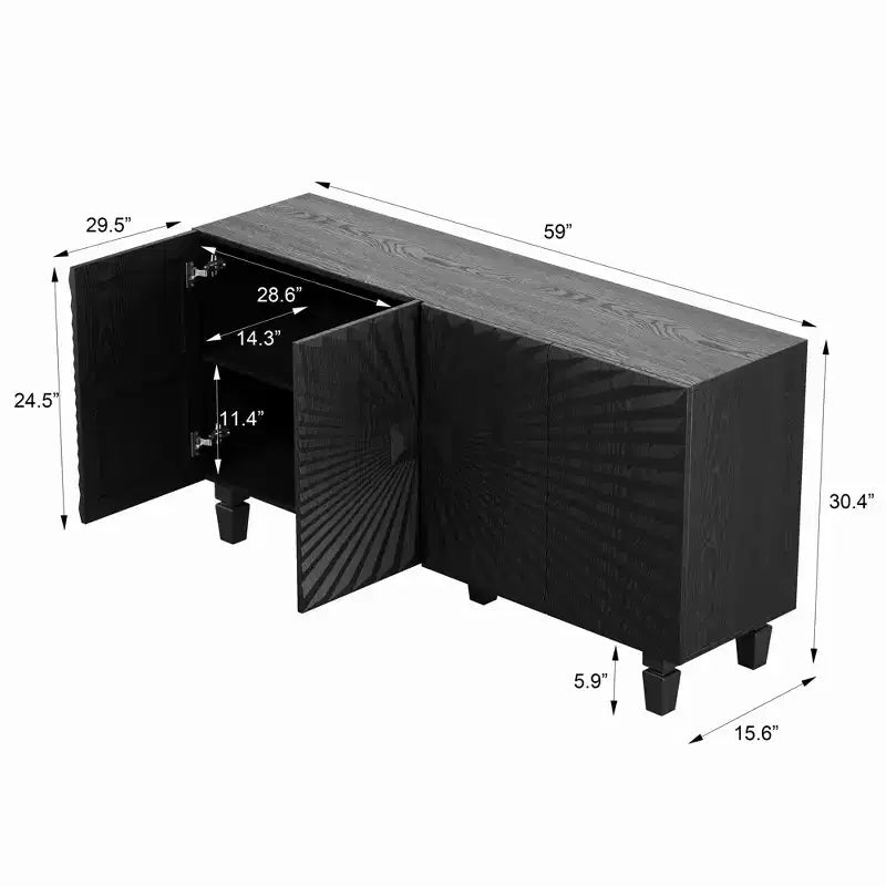 GDFStudio Makena Mobile Buffet Moderno da 59 con 4 Ante a Raggi di Sole e Gambe in Legno Massello