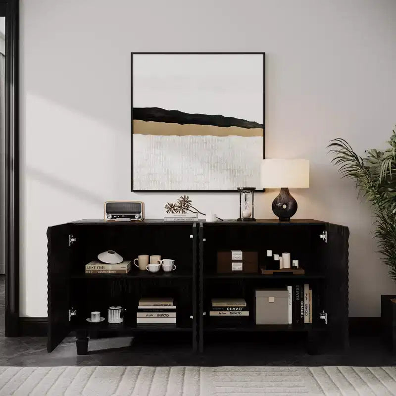 GDFStudio Makena Mobile Buffet Moderno da 59 con 4 Ante a Raggi di Sole e Gambe in Legno Massello