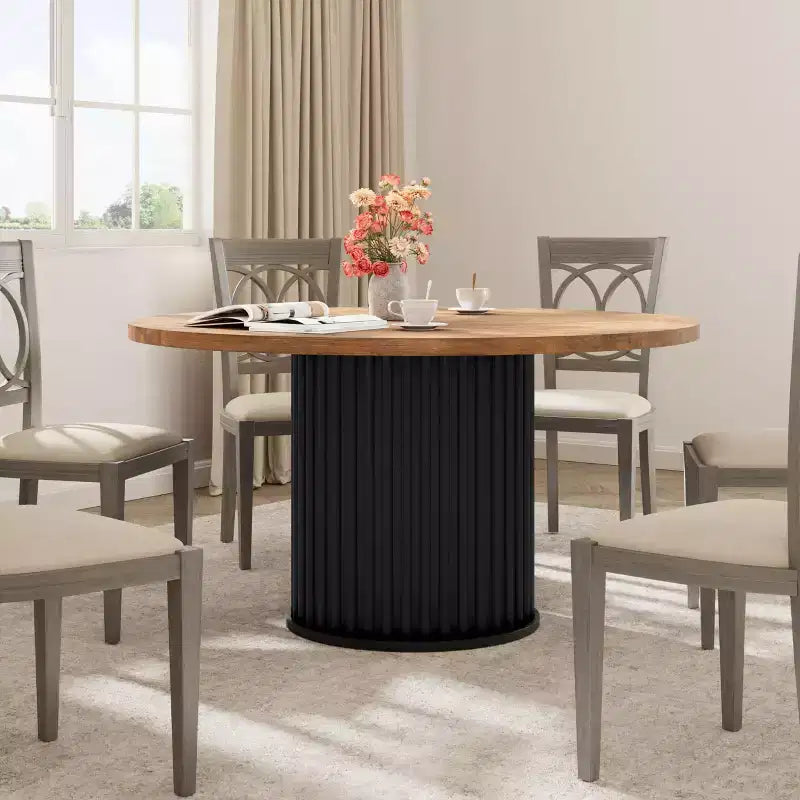 47 grande table à manger ronde pour 4-6 personnes, table de cuisine en bois avec base piédestal métallique ondulée robuste pour la maison et la salle à manger