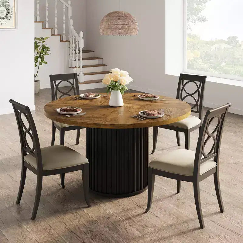 47 grande table à manger ronde pour 4-6 personnes, table de cuisine en bois avec base piédestal métallique ondulée robuste pour la maison et la salle à manger