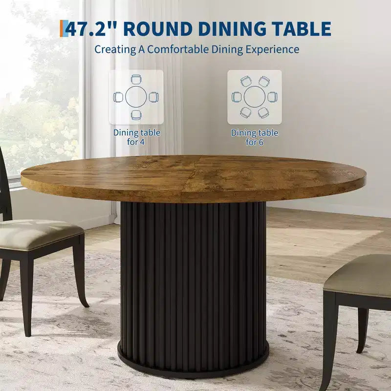 47 grande table à manger ronde pour 4-6 personnes, table de cuisine en bois avec base piédestal métallique ondulée robuste pour la maison et la salle à manger