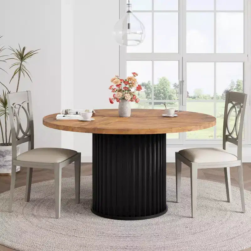 47 Large Round Dining Table for 4-6, Wooden Kitchen Circle Table with Heavy Duty Waveform Metal Pedestal Base for Home and Dining Room