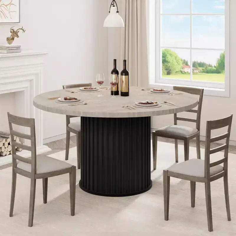 47 grande table à manger ronde pour 4-6 personnes, table de cuisine en bois avec base piédestal métallique ondulée robuste pour la maison et la salle à manger