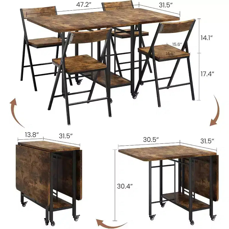 47 Ensemble de salle à manger pliant 5 pièces de style ferme pour 4 personnes - Table pliante en bois sur roulettes et 4 chaises pliantes - Cadre en acier robuste, peu encombrant pour appartement