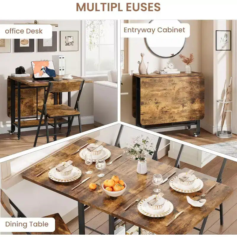 47 Ensemble de salle à manger pliant 5 pièces de style ferme pour 4 personnes - Table pliante en bois sur roulettes et 4 chaises pliantes - Cadre en acier robuste, peu encombrant pour appartement