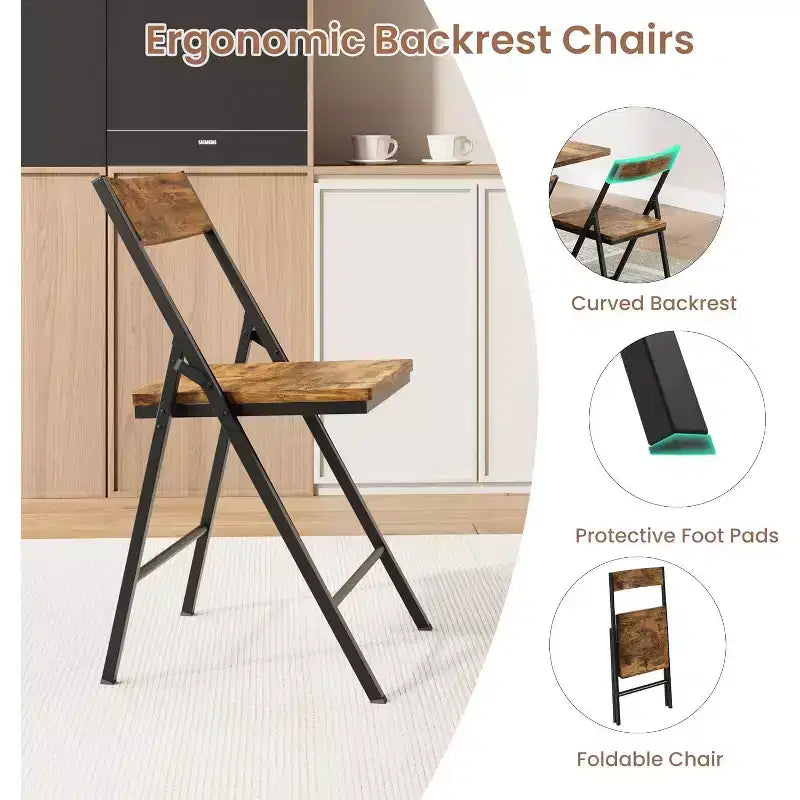 47 Ensemble de salle à manger pliant 5 pièces de style ferme pour 4 personnes - Table pliante en bois sur roulettes et 4 chaises pliantes - Cadre en acier robuste, peu encombrant pour appartement