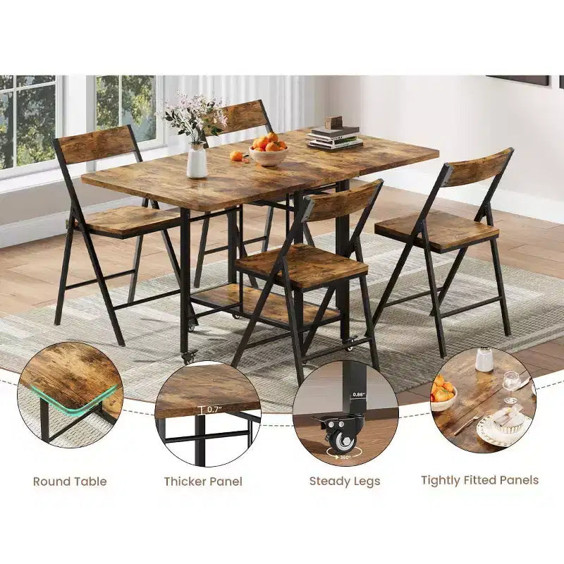 Set da pranzo pieghevole da 4 pezzi stile Farmhouse per 4 persone con tavolo in legno con alette a scomparsa su ruote e 4 sedie pieghevoli, telaio robusto in acciaio, salvaspazio per appartamen