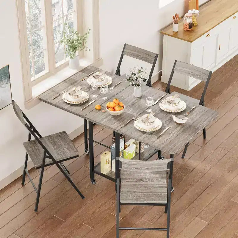 47 5-Piece Farmhouse Folding Dining Set for 4  Wooden Drop Leaf Table on Wheels & 4 Foldable Chairs  Sturdy Steel Frame, Space-Saving for Apartmen