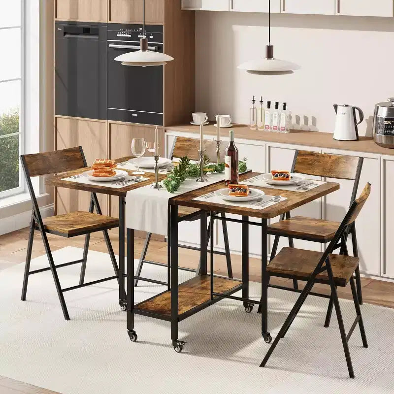 47 Ensemble de salle à manger pliant 5 pièces de style ferme pour 4 personnes - Table pliante en bois sur roulettes et 4 chaises pliantes - Cadre en acier robuste, peu encombrant pour appartement