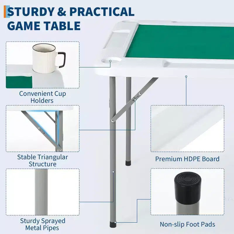 Table de mah-jong et de dominos pliable de 35,4", table de cartes carrée portable pour 4 joueurs avec plateau vert, porte-gobelets et plateaux à jetons pour le poker, les jeux et les puzzles