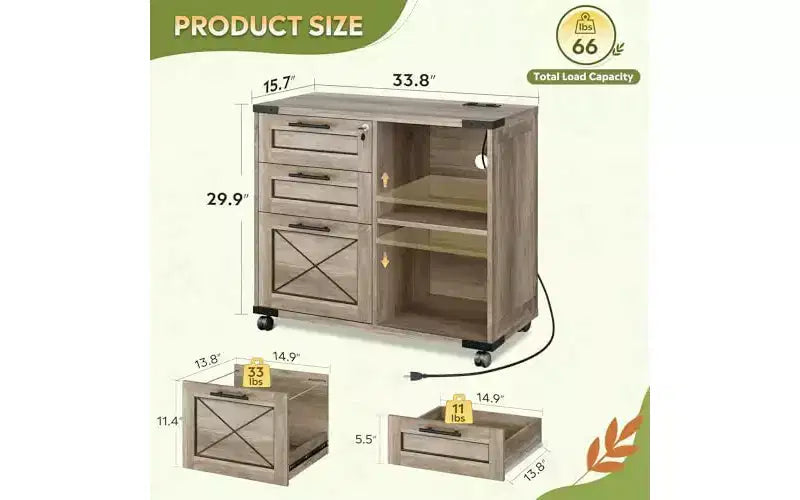 DEXYLLO Cassettiera schedario in Legno con Stazione di Ricarica, Armadietto Classificatore Laterale Mobile con Serratura per Ufficio Domestico