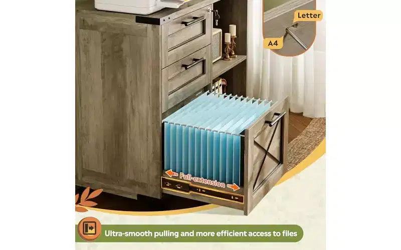 DEXYLLO Cassettiera schedario in Legno con Stazione di Ricarica, Armadietto Classificatore Laterale Mobile con Serratura per Ufficio Domestico