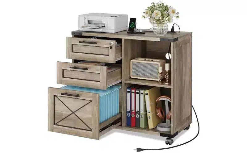 DEXYLLO Wood File Cabinet with Charging Station, Mobile Lateral Filing Cabinet with Lock for Home Office