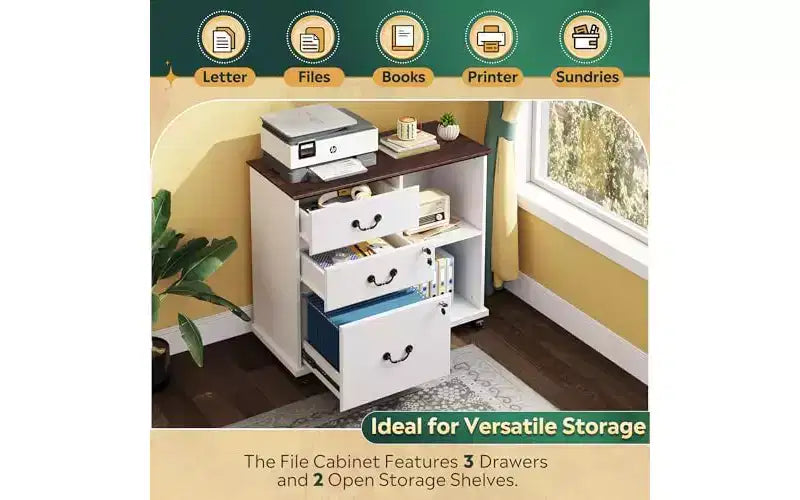 DEXYLLO Cassettiera da Ufficio a 3 Cassetti, Mobile Laterale in Legno con Serratura e Stazione di Ricarica, Carrello Porta Stampante con Ruote e Ripiani per Home Office