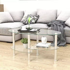 Transparent Oval 3-Layer Glass Coffee Table, Modern Tempered Glass Table with Stainless Steel Legs for Living Room Office