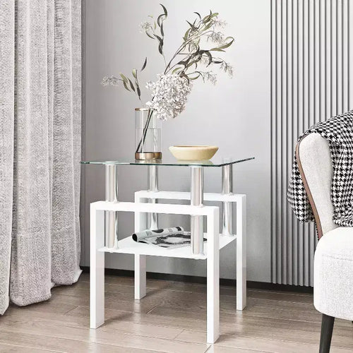17.72 Transparent White Tempered Glass Coffee Table, Square 2-Tier End Table with Metal Legs for Living Room Bedroom