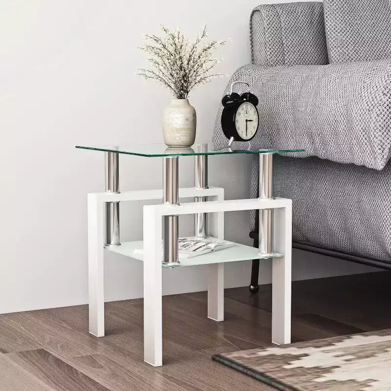 Tavolino da Caffè in Vetro Temperato Bianco Trasparente da 45 cm, Tavolino Quadrato a 2 Livelli con Gambe in Metallo per Soggiorno Camera da Letto