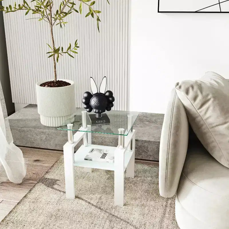 Tavolino da Caffè in Vetro Temperato Bianco Trasparente da 45 cm, Tavolino Quadrato a 2 Livelli con Gambe in Metallo per Soggiorno Camera da Letto