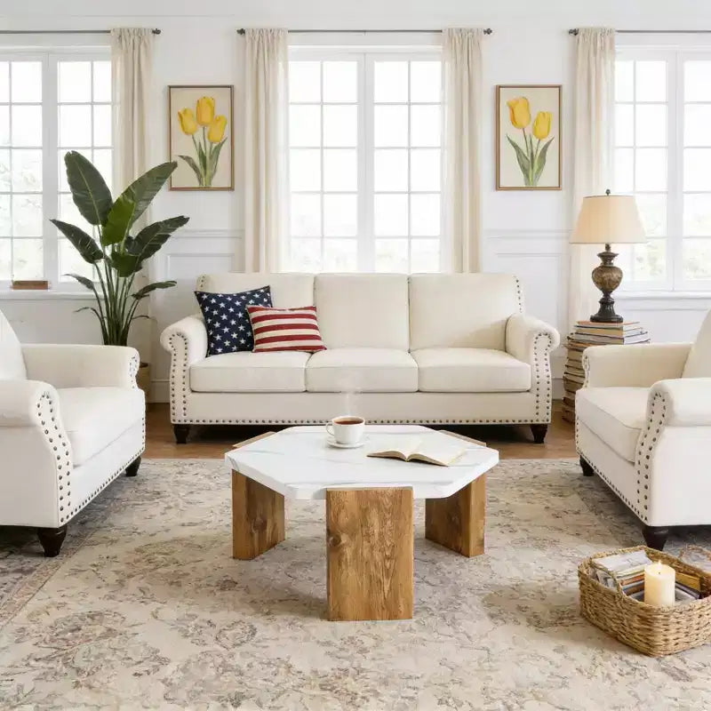 31 White Marble Hexagonal Coffee Table, High-Density Eco-Board Triangular Support Base 250lb Weight Capacity