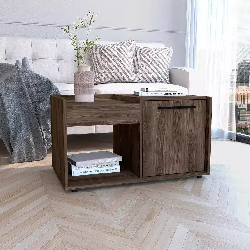 Lyon Dark Walnut Coffee Table, Single Door Cabinet One Open Shelf Ample Surface Display Table for Living Room