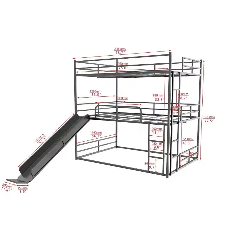 Lit mezzanine en métal pleine grandeur Luxystar avec toboggan et échelle pour chambre d'enfant, noir