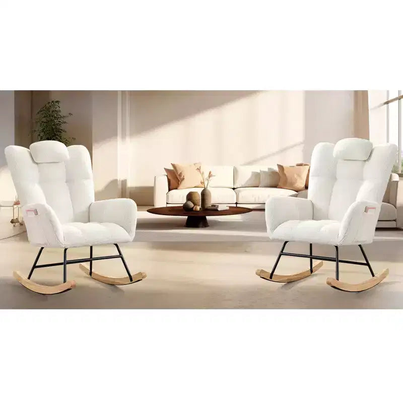 2PCS Modern Upholstered Stuffed Animal Fabric Rocking Chair, High Backrest Padded Seat, Side Pocket for Nursery Living Room Office