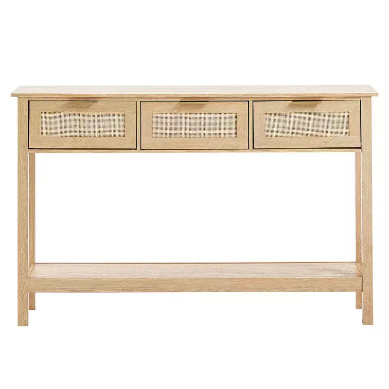 Console GDFStudio Leonid moderne en bois et rotin avec 3 tiroirs