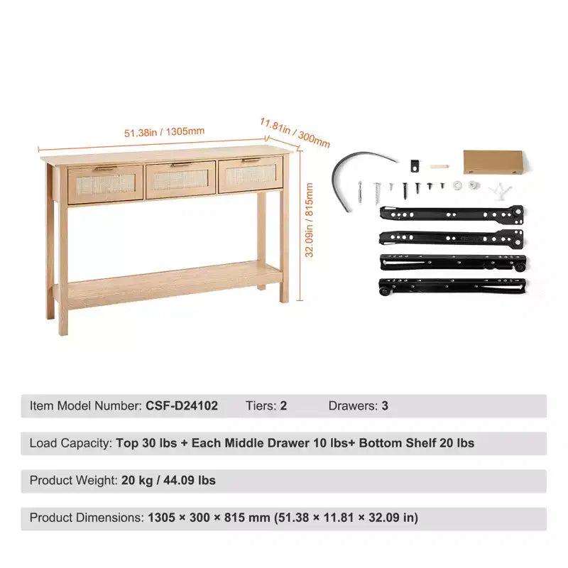GDFStudio Leonid Consolle in Legno Moderno e Rattan con 3 Cassetti