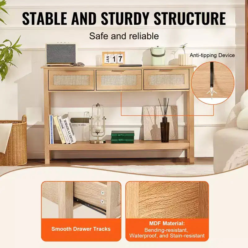 GDFStudio Leonid Consolle in Legno Moderno e Rattan con 3 Cassetti