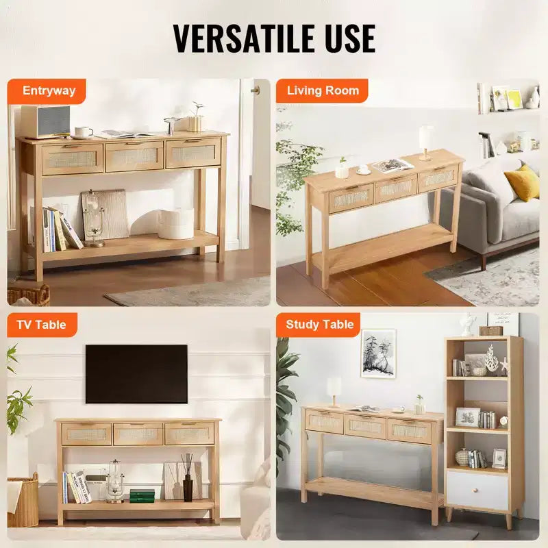 Console GDFStudio Leonid moderne en bois et rotin avec 3 tiroirs