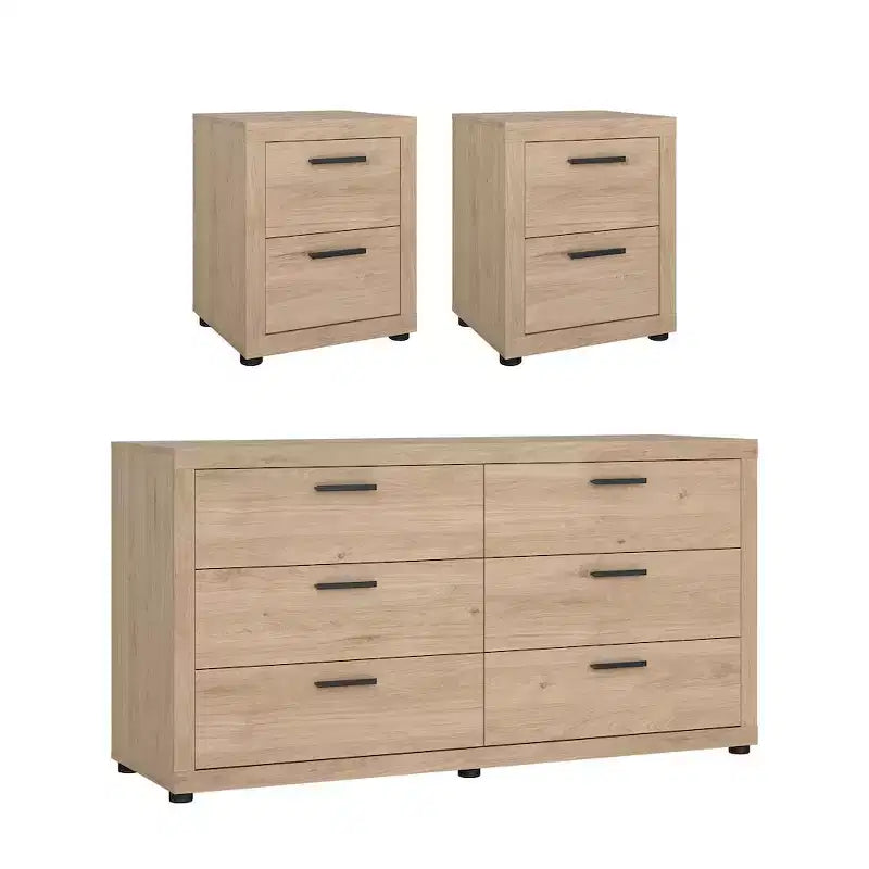 Tvilum, Mira 3-Piece Bedroom Set - 6 Drawer Double Dresser And Nightstand Set Of 2, Jackson Hickory