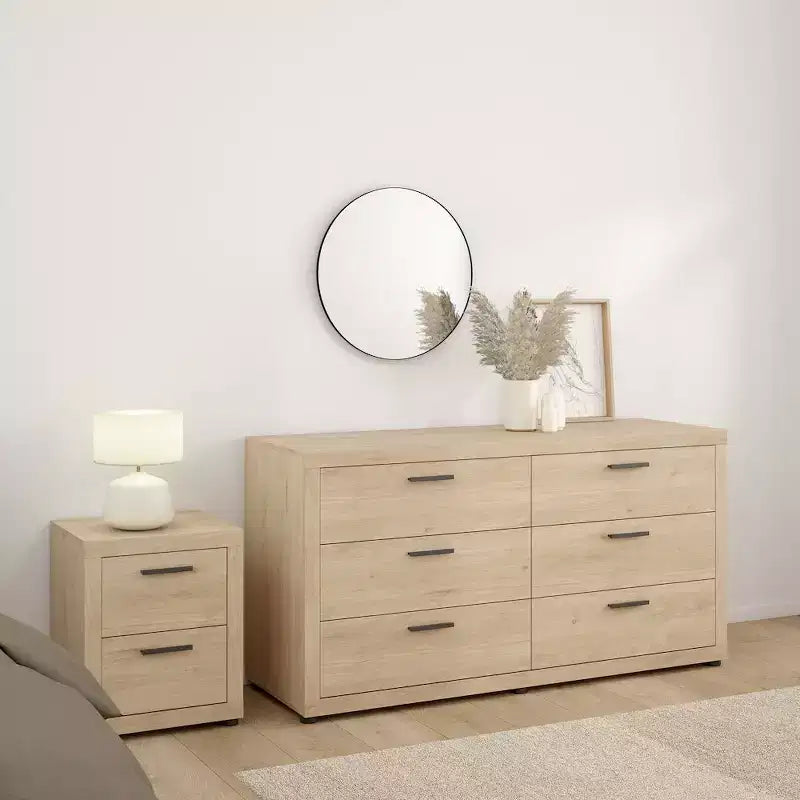 Tvilum, Set camera da letto Mira 3 pezzi - Comò doppio a 6 cassetti e set 2 comodini, Jackson Hickory