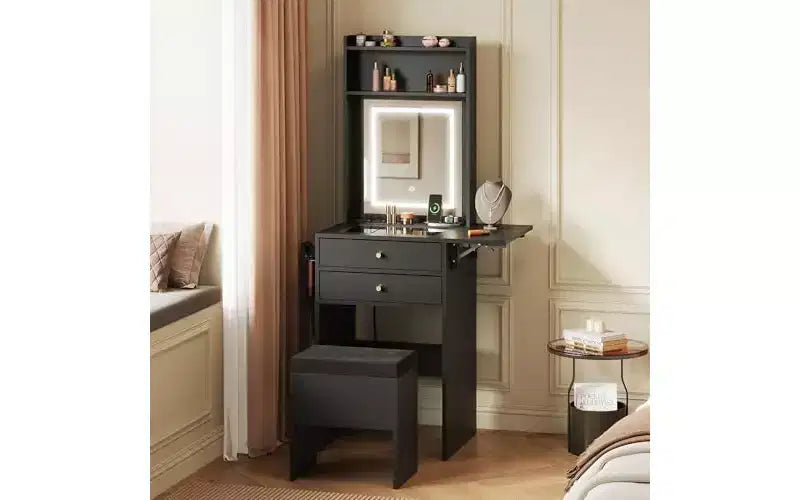 DEXYLLO Small Vanity Desk with Mirror and Adjustable Lights, Makeup Vanity Set with Fold-up Panel and Chair