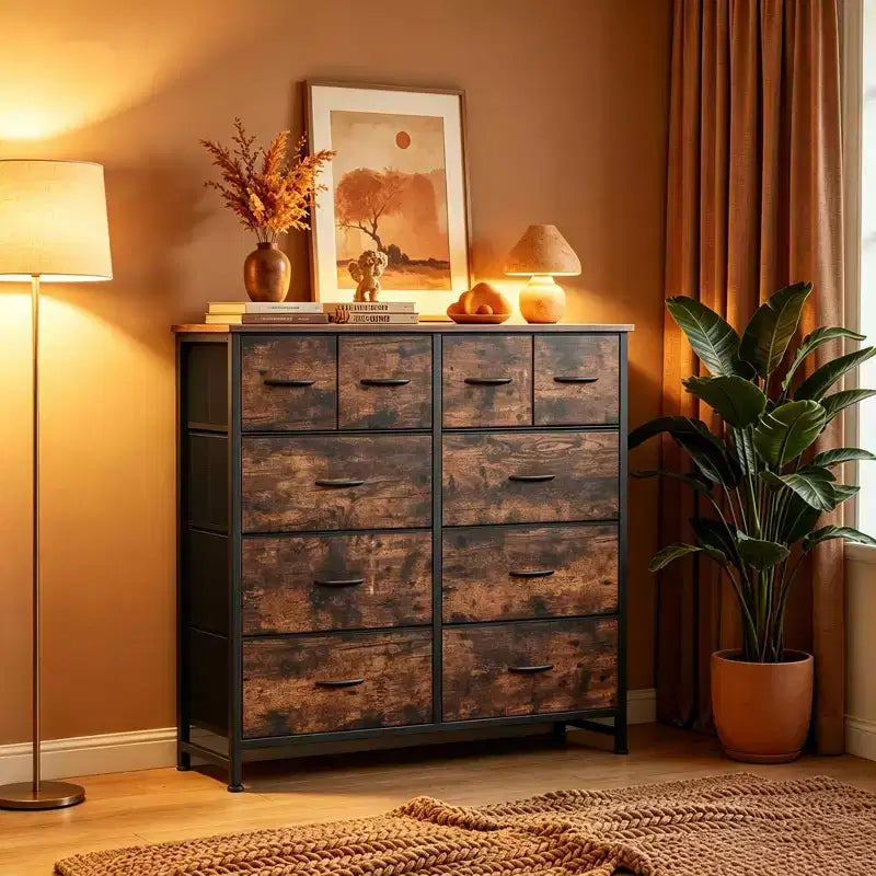 JIONJOY Cassettiera a 10 cassetti - Organizer facile da montare per camera da letto, con design antiribaltamento e piedini regolabili, noce antico