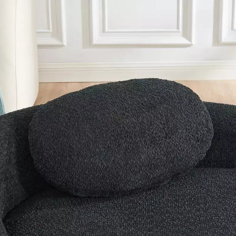 Moderno divanetto ovale in tessuto bouclé, poltrona compatta da salotto con braccioli laterali e cuscino per soggiorno e camera da letto - Panipeachy