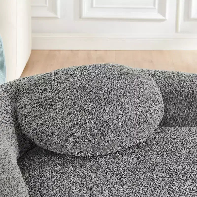 Moderno divanetto ovale in tessuto bouclé, poltrona compatta da salotto con braccioli laterali e cuscino per soggiorno e camera da letto - Panipeachy