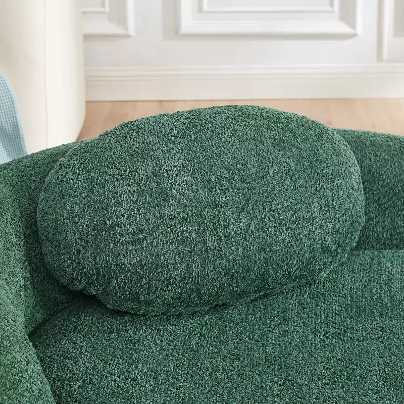 Moderno divanetto ovale in tessuto bouclé, poltrona compatta da salotto con braccioli laterali e cuscino per soggiorno e camera da letto - Panipeachy