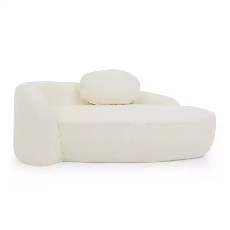 Moderno divanetto ovale in tessuto bouclé, poltrona compatta da salotto con braccioli laterali e cuscino per soggiorno e camera da letto - Panipeachy