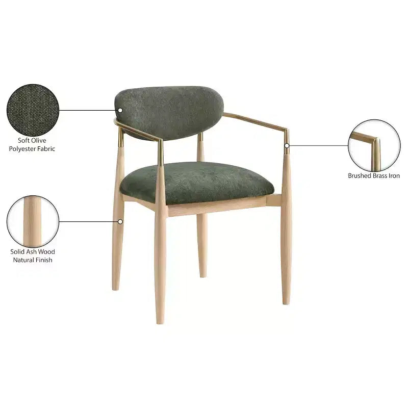 Chaise de salle à manger capitonnée en tissu performant Olive Riccio de Meridian Furniture avec accoudoirs, lot de 2