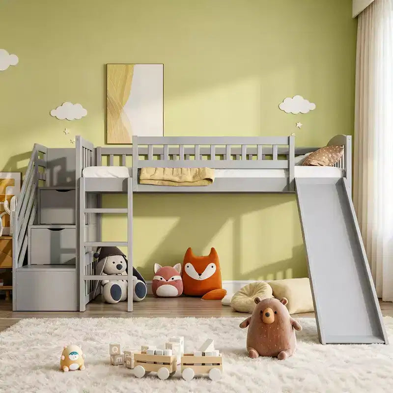 Luxystar Twin Size Loft Bed With Slide and Storage Stairs for Kids' Room
