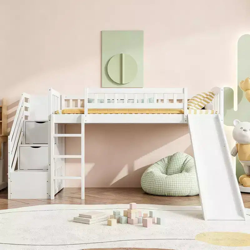 Letto a soppalco matrimoniale Luxystar con scivolo e scaletta contenitore per la cameretta dei bambini